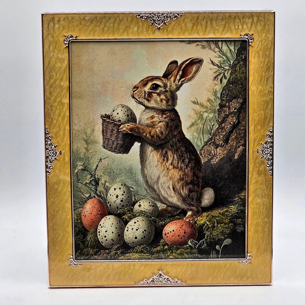 Vintage Easter Bunny Print Jeweled Ornate Frame Rustic Old World Wall Art